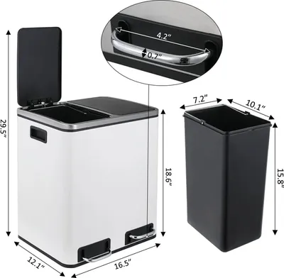 Image de Poubelle de cuisine - Poubelle à pédale à double compartiment - 2x15 L (30 L) - Soft-Close - Couvercle restant ouvert - Inox - Blanc