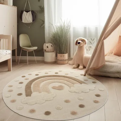 Produktbild von Moderner Kinderzimmerteppich Spielteppich weich 3D Effekt Naturtöne Grösse 160 cm Rund