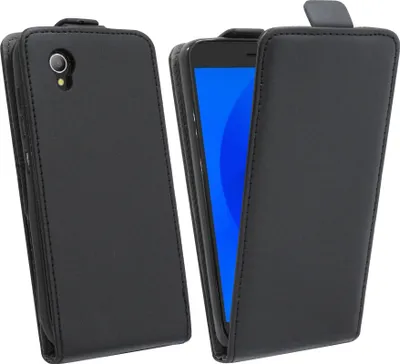 Two views of a black flip case for a smartphone, one showing the back and the other showing the front with the screen on.