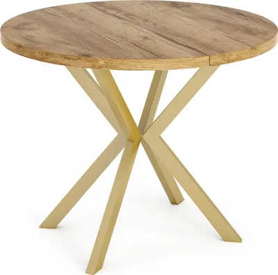 Obrázek produktu pro Kulatý rozkládací jídelní stůl se zlatými nohami ve tvaru X - ⌀ 100-180 cm - loftový industriální design - pro 4-6 osob - hnědý