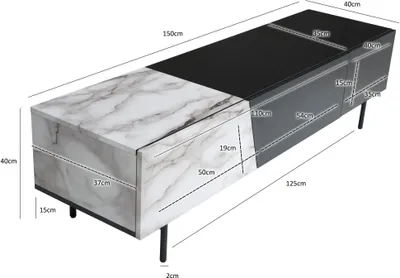Obrázok produktu pre Lowboard black s mramorovým dekorom v bielej farbe 150x40x40 cm tv skrinka moderná, dizajnová tv skrinka nízka, tv stolík tv skrinka s dvierkami a zásuvkou, tv skrinka obývačka | Wohnling