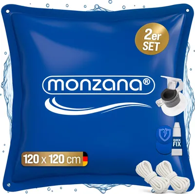 The image shows the packaging of a pool cushion set, with water splashes around it.