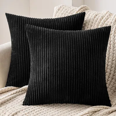 Produktbild von Kissenbezüge 2er Set Kord mit Verstecktem Reißverschluss 50x50 cm Schwarz