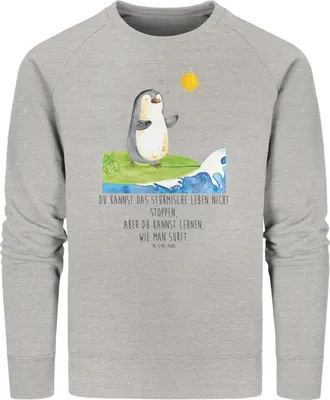Produktbild von Mr. & Mrs. Panda Baumwoll Pullover Pinguin Surfer Größe XXL - Heather Grey - Geschenk, Motiviert, Optimistisch, Urlaub, Pulli, Sweater, Sweatshirt, Portugal, Hawaii
