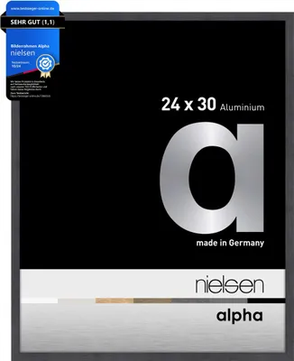A product image for a Nielsen Alpha aluminum picture frame, showing the brand logo, product size, and a quality seal.