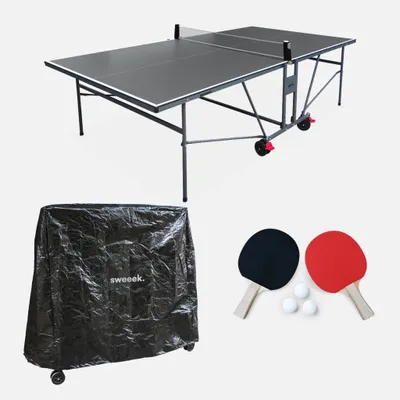 Produktbild von sweeek - Indoor-Tischtennisplatte mit 2 Schlägern, 3 Bällen + Schutzhülle - Grau