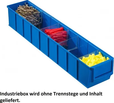 A blue storage box with compartments containing screws, red wall plugs, and yellow plastic pieces.