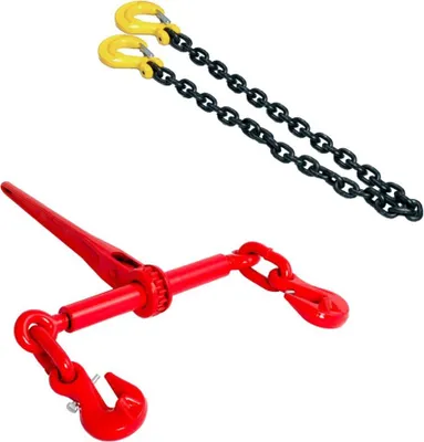 Two sets of cargo chains and a ratchet binder are shown against a white background.