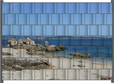 Produktbild von Wallario Zaunsichtschutz mit Motiv Felsen auf einem Sandstrand für Ein- und Doppelstabmatten Zäune in der Größe 200 x 140 cm
