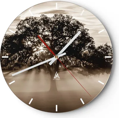 Produktbild von Wanduhr - Rund - Glasuhr - Baum Feld Natur - 30x30cm - Schleichendes Uhrwerk - Lautlos - zum Aufhängen bereit - Dekoration Modern - Wanddekoration aus Glas - C3AR30x30-3811