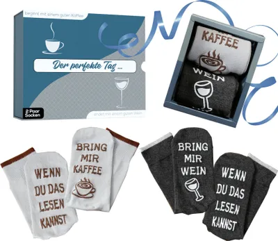 Produktbild von Socken Geschenkset für Frauen und Männer mit Spruch auf Sohle, Bring mir Wein, Kaffee, 2 Paar Socken, Geburtstagsgeschenk für Freund, Freundin, 36-43