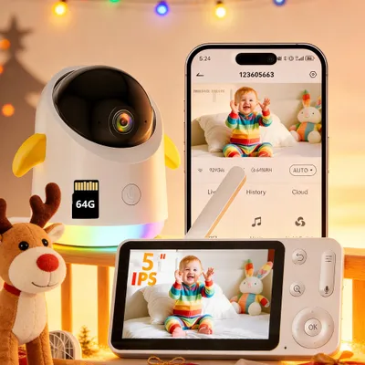 Obrázek produktu pro Dětská chůvička s kamerou a aplikací 5" video chůvička WLAN s nočním světlem RGB Automatická detekce pohybu Detekce vína Noční vidění s 64G