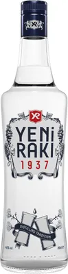 A clear product shot of a bottle of Yeni Raki.
