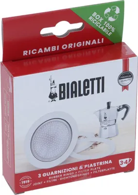 Immagine prodotto di Kit guarnizioni Bialetti originale per macchine da caffè Moka, modello da 3-4 tazze – include 3 guarnizioni e 1 filtro per Moka Express e altri modelli.
