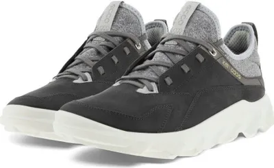 A pair of dark gray and light gray ECCO sneakers with white soles are shown against a white background.