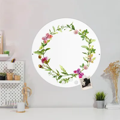 Produktbild von Design Stahlmagnettafel Weiß Rund 47cm Aquarell Blumenring