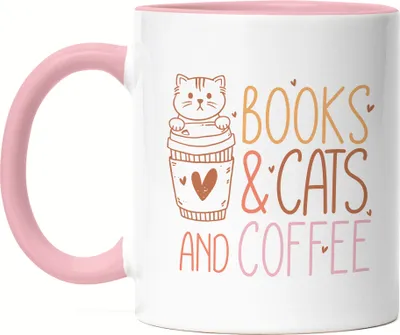 Produktbild von Books, Cats and Coffee Tasse Rosa Katzenliebhaber Bücherfan Kaffeeliebhaber