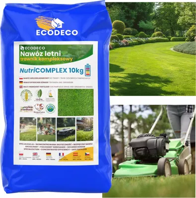 Zdjęcie produktu dla ECODECO – nawóz do trawników z środkiem przeciw mchowi | Nawóz organiczny MULTI-SKŁADNIKOWY NPK NutriComplex – żelazo, mikroelementy, środek przeciw mchowi | Kompleksowa pielęgnacja trawnika | 10 kg
