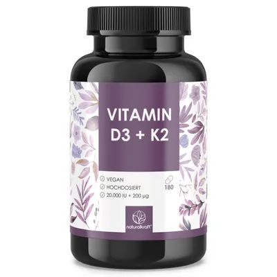 Produktbild von NATURALKRAFT® Premium Vitamin D3 + K2, 20.000 IE + 200 mcg, Depot (180 Kapseln, Hochdosiert und Vegan) – Deutscher Markenqualität