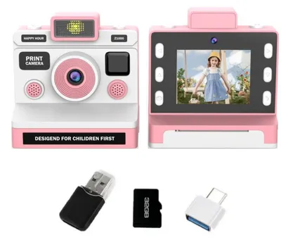 Produktbild von ZELURXX Kinder Sofortbildkamera mit Farbdruck, Dualkamera, 1080P Video, 8-fach Zoom, 2,8-Zoll-Display, 32GB, Rosa