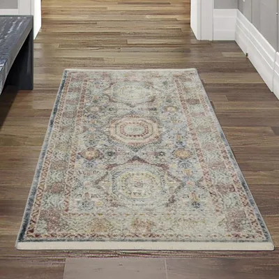 Produktbild von Klassisch Eleganter Vintage Teppich mit 6 Ornamenten & Fransen creme mehrfarbig Größe - 80x150 cm