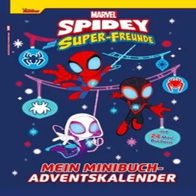 A marketing image for a Spidey and His Amazing Friends themed advent calendar, featuring cartoon characters and festive elements.