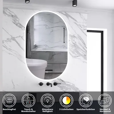 Produktbild von AICA LED Badspiegel Oval 60x100cm mit Touch/Wandschalter Anti-Beschlag 3 Lichfarbe Dimmbar Badezimmerspiegel Rundbahn Wandspiegel Kalt/Neutral/Warmweiß IP44