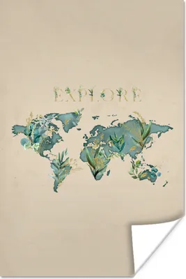 Produktbild von MuchoWow® Poster Weltkarte - Türkis - Pflanzen 60x90 cm - Wanddekoration