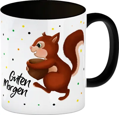 Produktbild von Guten Morgen Kaffeebecher Henkel und Innenseite Schwarz mit Eichhörnchen