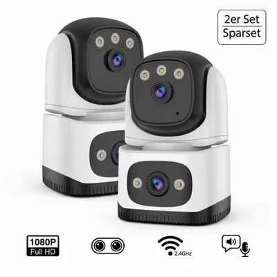 Produktbild von [2er Set] Dual-Linse Überwachungskamera Innen 1080P – PTZ WLAN Kameras Sparset mit Doppelbild, Farbnachtsicht, KI & 2-Wege-Audio