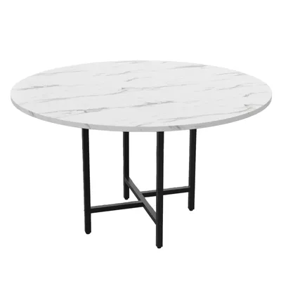 A round dining table with a marble-effect top and black metal legs.