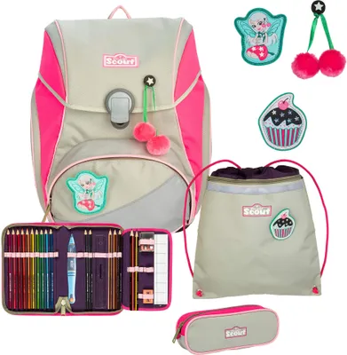 A collection of school supplies including a backpack, pencil case, and drawstring bag, along with decorative patches.