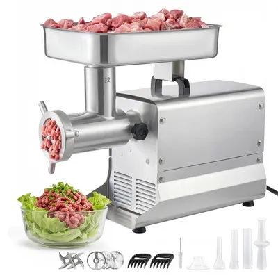 Produktbild von VEVOR Fleischwolf, 9,5 kg/min Kapazität, #32 Elektrischer Fleischwolf mit 3 Lochscheiben, 3 Wurstfüllrohren, 1100 W, 2-in-1 Küchenmaschine aus Edelstahl für private Küchen & Restaurants