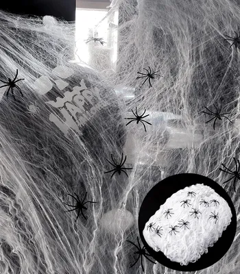Produktbild von Halloween Spinnennetz Dekorationsset, 200 g Weiße Baumwollspinnennetze, 50 Plastikspinnen, für Festdekoration