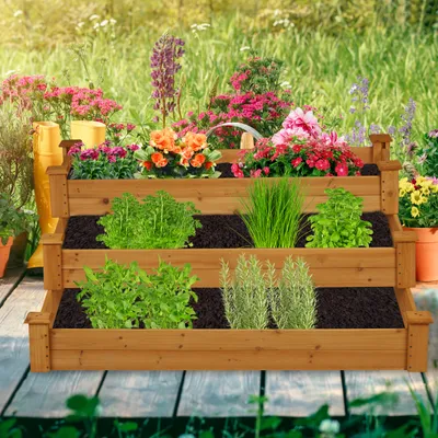Produktbild von Relaxdays Hochbeet 3 Etagen, Stufenbeet HBT: 46 x 122 x 122 cm, Tannenholz, Pflanztreppe für Garten & Terrasse, natur