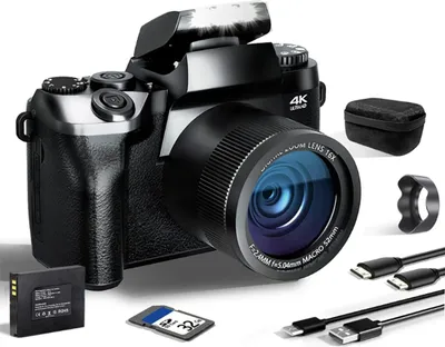 Obrázok produktu pre ZELURXX 4K digitálna kamera, 4'', automatické zaostrovanie, 64MP, 16x digitálny zoom, WLAN (Wi-Fi), s kapotážou, kompaktná kamera, vlog kamera, pre starších začiatočníkov, čierna