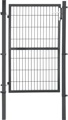 A dark gray metal garden gate with a latch and handle, shown against a white background.