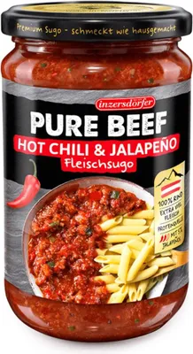 Produktbild von Pure Beef Sugo Hot Chili & Jalapeño (Arrabiata), Tomatensauce mit Rindfleisch, Chili und Jalapeño, 400 g, Inzersdorfer