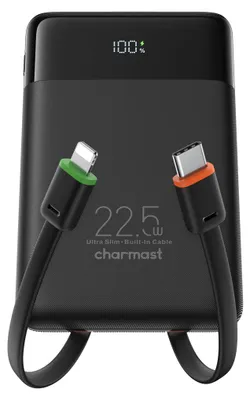 Obrázok produktu pre Powerbanka Charmast W1202 PD3.0 3 A 22,5 W 10 000 mAh s integrovanými káblami USB-C / Lightning, čierna