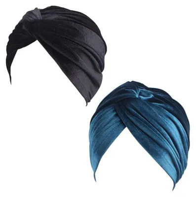 Zdjęcie produktu dla Czapka typu turban dla kobiet, gotowa do założenia, czarno-turkusowa, wykonana z poliestru i bawełny