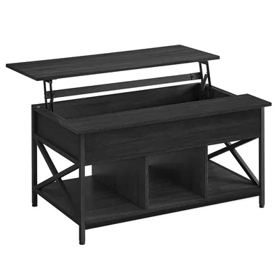 A dark wood lift-top coffee table with storage.