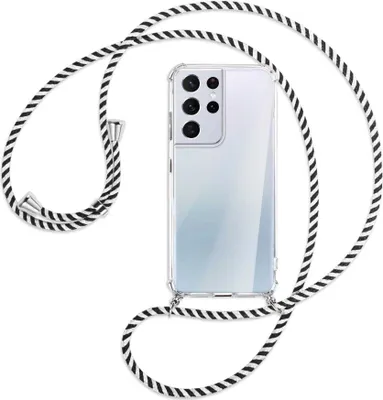 Produktbild von Handykette Backcover-Schutzhülle mit Band (Metall silberfarben) für Samsung Galaxy S21 Ultra 5G - schwarz/weiß gestreift