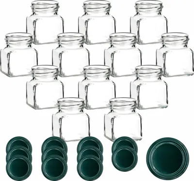 Produktbild von gouveo 12er Set Einmachgläser 120 ml eckig Schraubverschluss grün - Kleines Vorratsglas mit Deckel für Marmelade, Gewürze