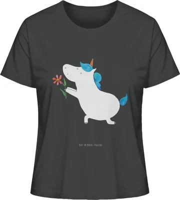 Produktbild von Mr. & Mrs. Panda damen shirt Einhorn Blume Größe L - Anthrazit - Geschenk, Unicorn, Freundin, Liebe, Partner, T-Shirt, Damenshirt, Mit Print, Oberteil, Einhörner, Kurzarm