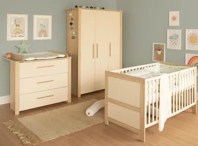 Produktbild von roba Kinderzimmer Set 3-teilig Momo- Kinderbett 70 x 140 cm + Wickelkommode 3 Schubladen + Kinderkleiderschrank - Griffe Massivholz - Cashmere