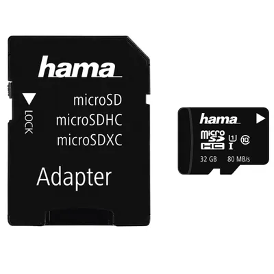 Produktbild von Hama microSDHC 32GB, 32 GB, MicroSDHC, Klasse 10, UHS-I, 80 MB/s, Schwarz