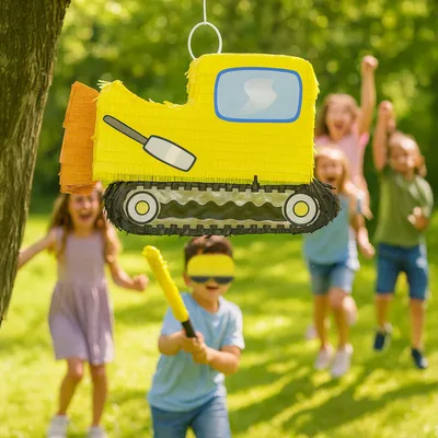 Produktbild von Baustellenfahrzeug-Piñata-Set mit Schläger und Maske