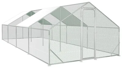 Obrázek produktu pro Volierový výběh pro slepice, rozměry 3 x 8 x 2 metry, plocha 24 m², se sedlovou střechou, ocelový rám s pozinkovaným povrchem o tloušťce 25 mm, zelené plastové pletivo a bílá ochranná plachta z polyetylenu (PE)
