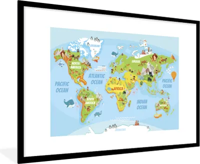 Produktbild von MuchoWow® MuchoWow® Gerahmtes Poster Weltkarte - Kinder - Tiere 90x60 cm - Poster mit zchwarzem Bilderrahmen - Wanddekoration - Fotos