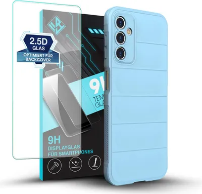 Produktbild von Handy Hülle für Samsung Galaxy A14 5G mit 9H Displayglas Displayschutz Plus Grip Case Cover Schutzhülle Softgrip Farbe: Hellblau